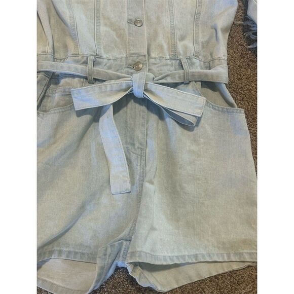Peach Love California Romper Womens S Blue Light Wash Denim Fringe Belted - Picture 5 of 10